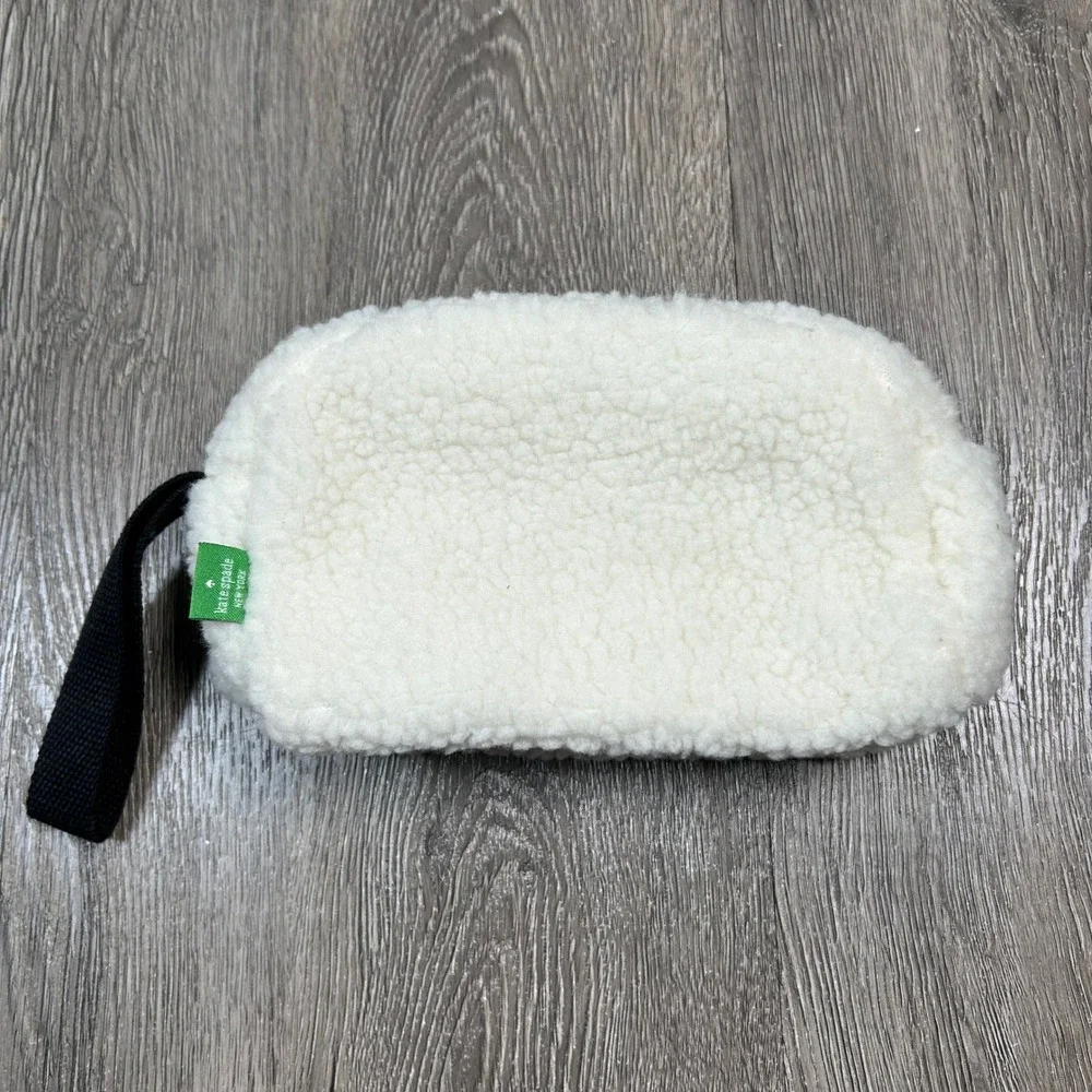 Kate Spade Pouch Small White Sherpa Fleece Wristlet Cosmetic Bag